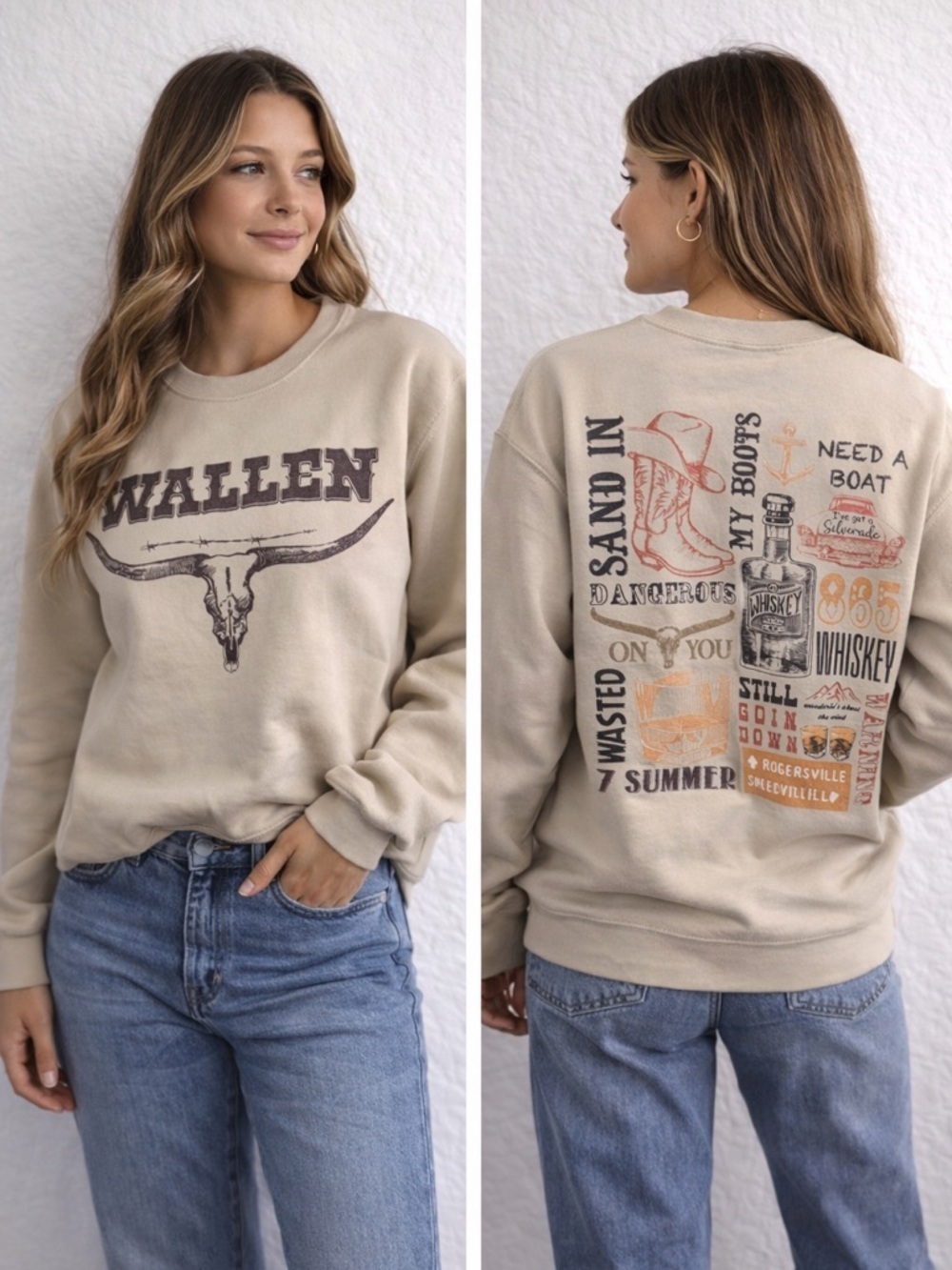 Morgan Wallen Graphic Sweater Western Country Whiskey Boots Beige Crewneck Small